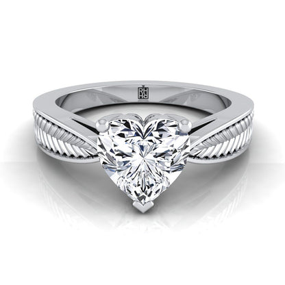 Vintage Leaf Pattern Solitaire Heart Shape, in 18K White Gold, prong setting | RockHer