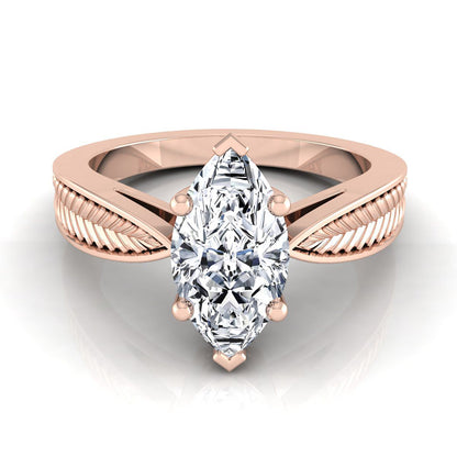 Vintage Leaf Pattern Solitaire Marquise, in 14K Rose Gold, prong setting | RockHer