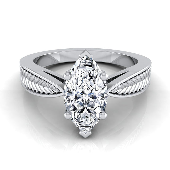 Vintage Leaf Pattern Solitaire Marquise, in Platinum, prong setting | RockHer