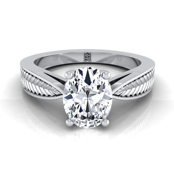 Vintage Leaf Pattern Solitaire Oval, in Platinum, prong setting | RockHer