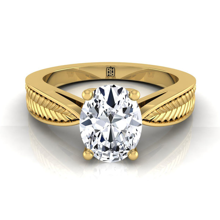 Vintage Leaf Pattern Solitaire Oval, in 18K Yellow Gold, prong setting | RockHer
