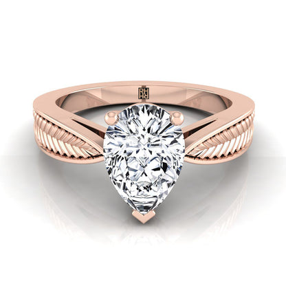 Vintage Leaf Pattern Solitaire Pear Shape, in 14K Rose Gold, prong setting | RockHer