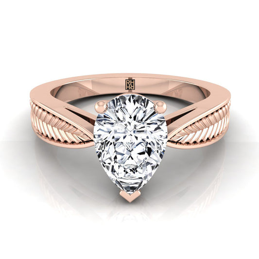 14K Rose Gold Pear Shape Center Vintage Inspired Leaf Pattern Pinched Solitaire Engagement Ring