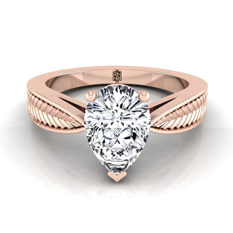 The Roberta Vintage Leaf Pattern Solitaire Pear Engagement Ring Setting in 14K Rose Gold