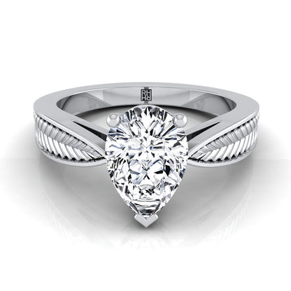 Vintage Leaf Pattern Solitaire Pear Shape, in Platinum, prong setting | RockHer