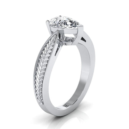 Vintage Leaf Pattern Solitaire Pear Shape, in 18K White Gold, prong setting – side profile | RockHer
