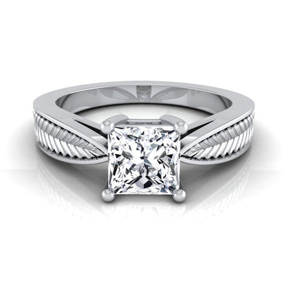 Vintage Leaf Pattern Solitaire Princess, in Platinum, prong setting | RockHer