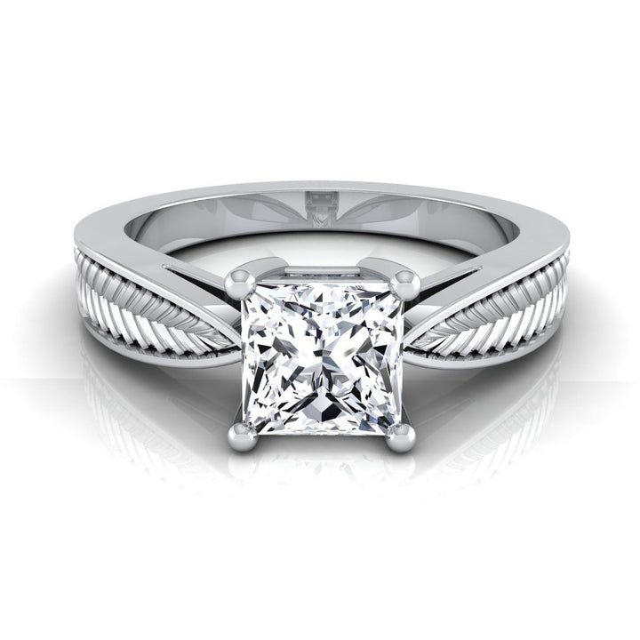 Vintage Leaf Pattern Solitaire Princess, in Platinum, prong setting | RockHer