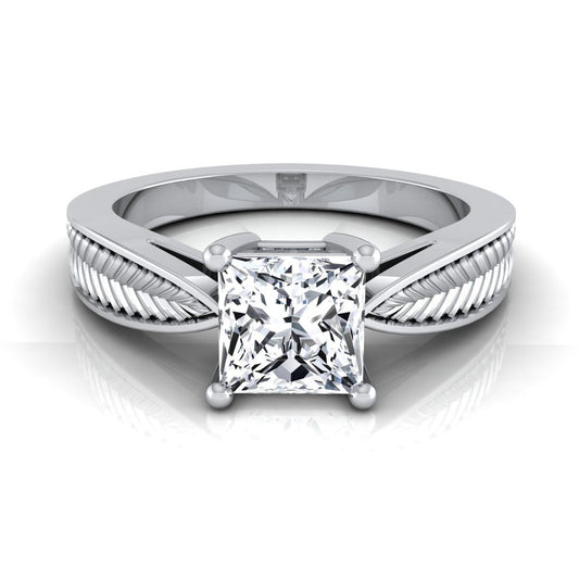 18K White Gold Princess Cut Vintage Inspired Leaf Pattern Pinched Solitaire Engagement Ring