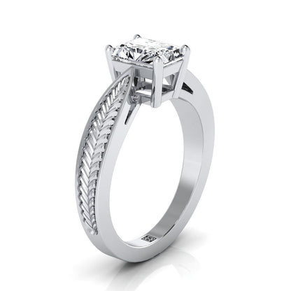 Vintage Leaf Pattern Solitaire Radiant, in 18K White Gold, prong setting – side profile | RockHer