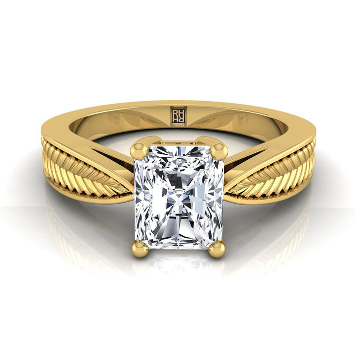 Vintage Leaf Pattern Solitaire Radiant, in 18K Yellow Gold, prong setting | RockHer
