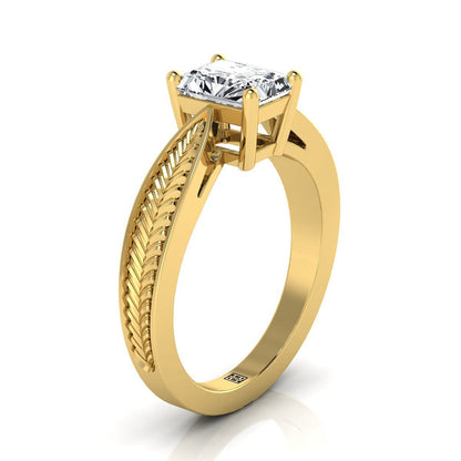 Vintage Leaf Pattern Solitaire Radiant, in 18K Yellow Gold, prong setting – side profile | RockHer