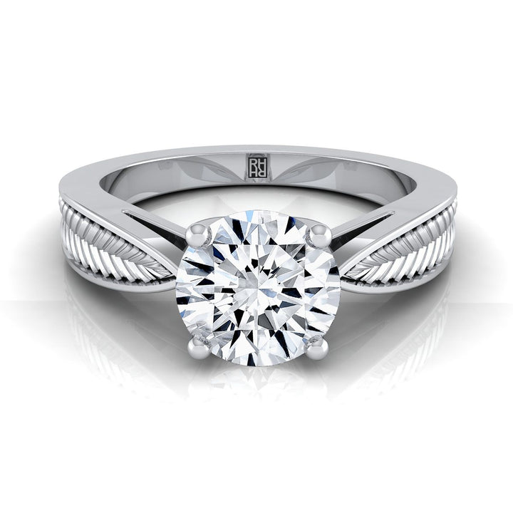 Round Brilliant, Vintage Leaf Pattern Solitaire, in 18K White Gold, prong setting | RockHer
