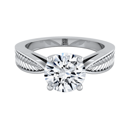 Round Brilliant, Vintage Leaf Pattern Solitaire, in Platinum, prong setting – detail view | RockHer