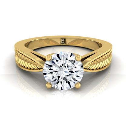 Round Brilliant, Vintage Leaf Pattern Solitaire, in 18K Yellow Gold, prong setting | RockHer