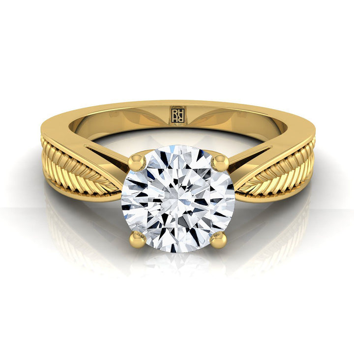 Round Brilliant, Vintage Leaf Pattern Solitaire, in 18K Yellow Gold, prong setting | RockHer