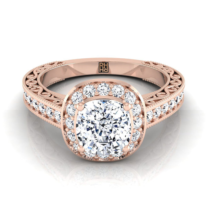 Hand-Engraved Milgrain Halo Cushion, in 14K Rose Gold, pave setting | RockHer