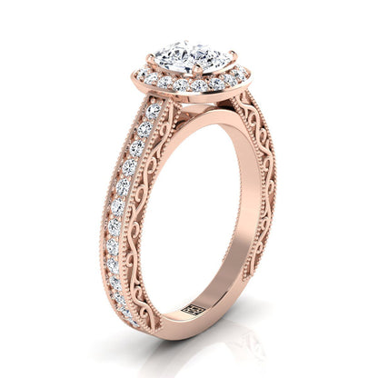 Hand-Engraved Milgrain Halo Cushion, in 14K Rose Gold, pave setting – side profile | RockHer
