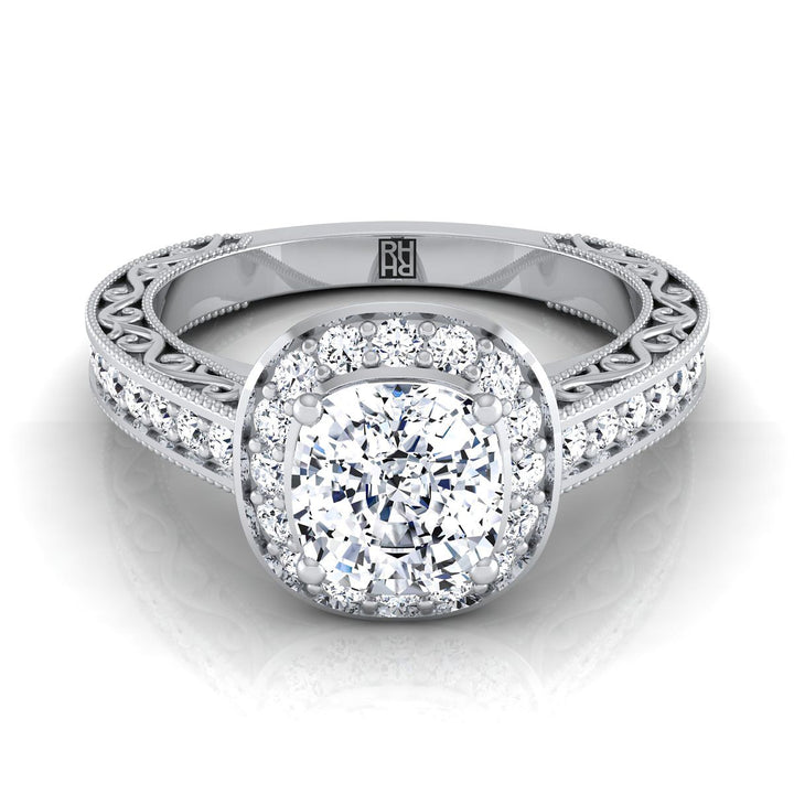 Hand-Engraved Milgrain Halo Cushion, in Platinum, pave setting | RockHer