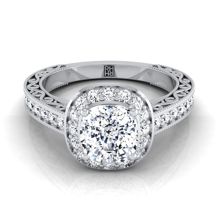 The Talea Hand Engraved Milgrain Halo Cushion Cut Engagement Ring Setting in 18K White Gold