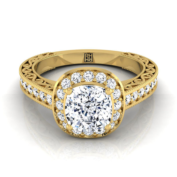 Hand-Engraved Milgrain Halo Cushion, in 18K Yellow Gold, pave setting – view 8 | RockHer