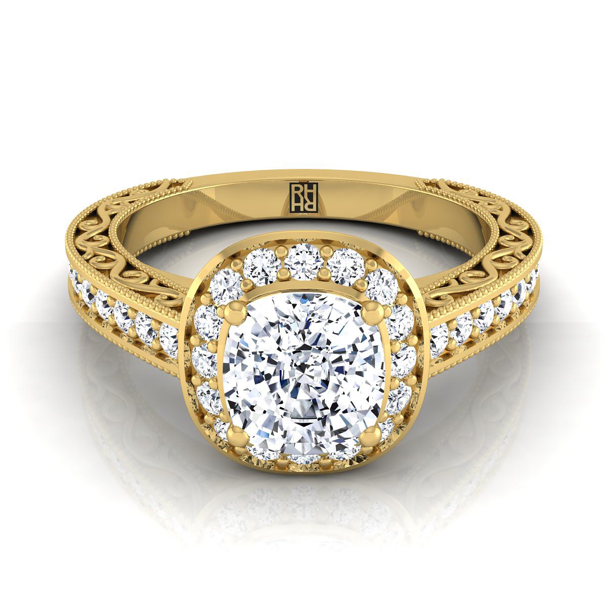 Talea Select Hand Engraved Milgrain Halo Cushion Cut Lab Diamond Engagement Ring in 18K Yellow Gold | RockHer