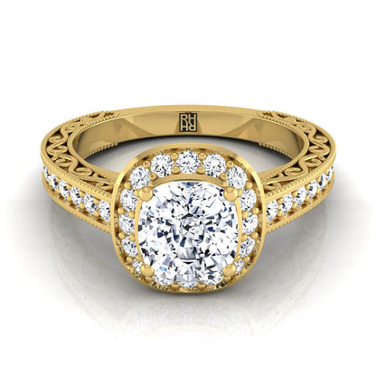 Talea Select Hand Engraved Milgrain Halo Cushion Cut Lab Diamond Engagement Ring in 14K Yellow Gold | RockHer