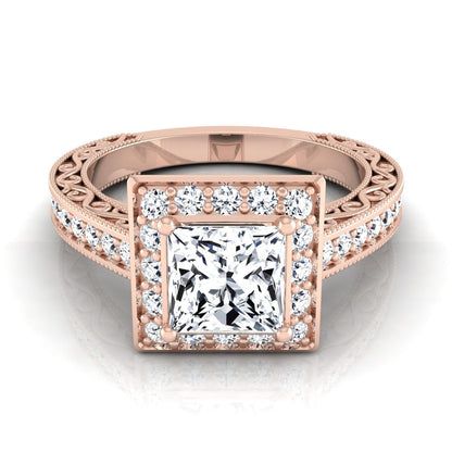 Hand-Engraved Milgrain Halo Princess, in 14K Rose Gold, pave setting | RockHer
