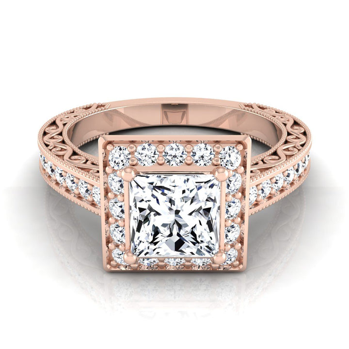 Hand-Engraved Milgrain Halo Princess, in 14K Rose Gold, pave setting | RockHer