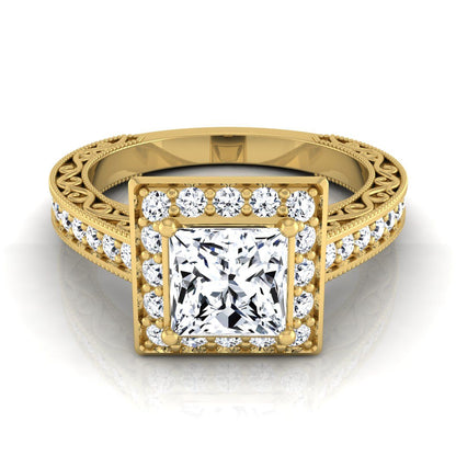 Hand-Engraved Milgrain Halo Princess, in 18K Yellow Gold, pave setting | RockHer