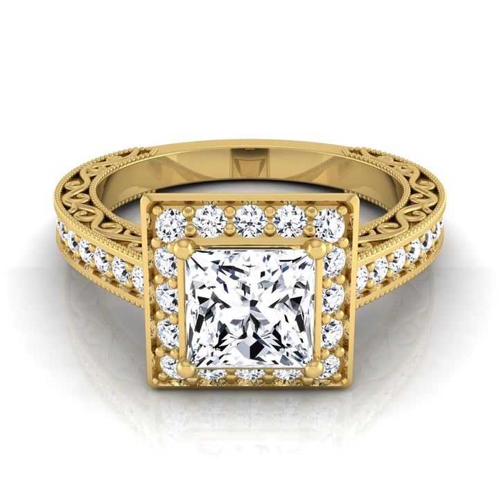 Hand-Engraved Milgrain Halo Princess, in 18K Yellow Gold, pave setting | RockHer