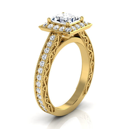 Hand-Engraved Milgrain Halo Princess, in 18K Yellow Gold, pave setting – side profile | RockHer