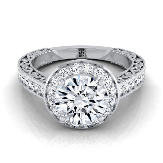 18K White Gold Round Brilliant Hand-Engraved Delicate Diamond Milgrain Engagement Ring -1/2ctw
