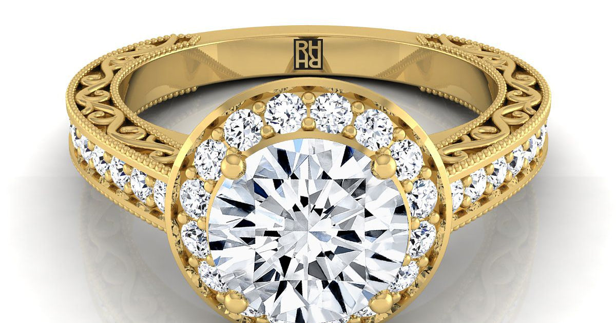 14K Yellow Gold Round Brilliant Hand-Engraved Delicate Diamond Milgrai