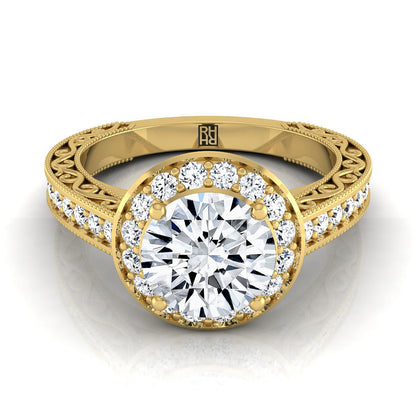 Round Brilliant, Hand-Engraved Milgrain Halo, in 18K Yellow Gold, pave setting | RockHer