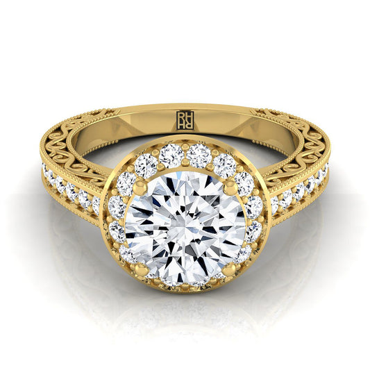 18K Yellow Gold Round Brilliant Hand-Engraved Delicate Diamond Milgrain Engagement Ring -1/2ctw
