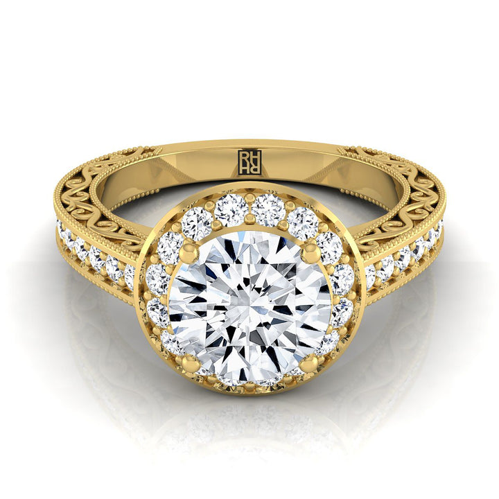 Round Brilliant, Hand-Engraved Milgrain Halo, in 18K Yellow Gold, pave setting | RockHer