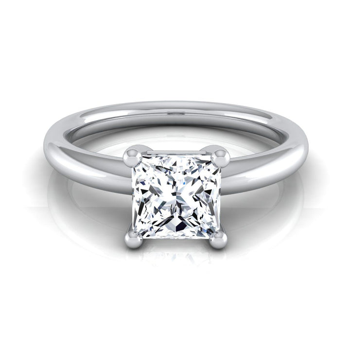 Rounded Comfort Fit Solitaire Princess, in 18K White Gold, prong setting | RockHer