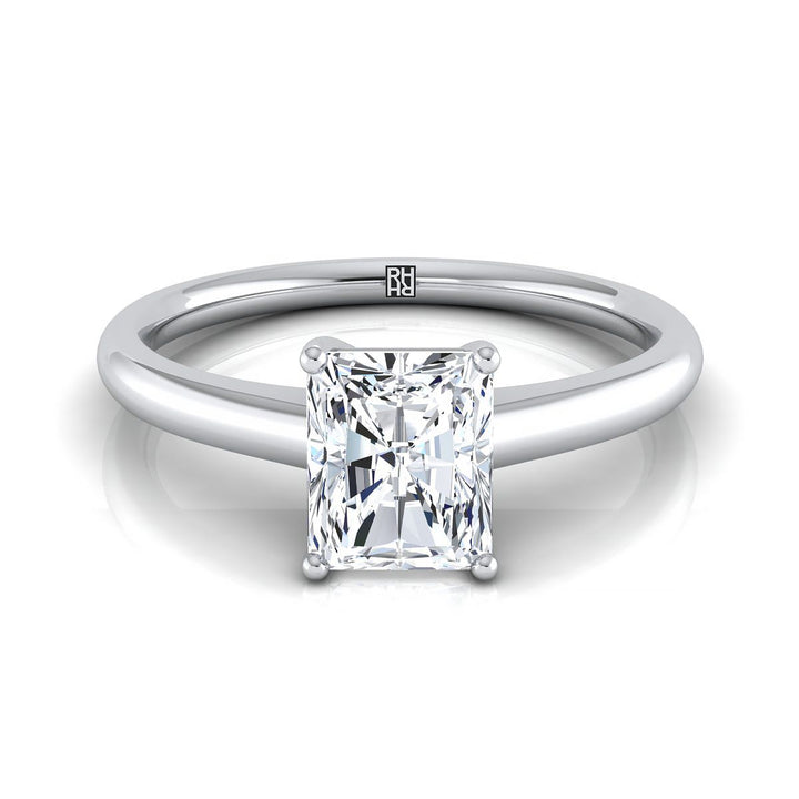 Contemporary Comfort Fit Flat Shank Solitaire Radiant, in 18K White Gold, prong setting | RockHer