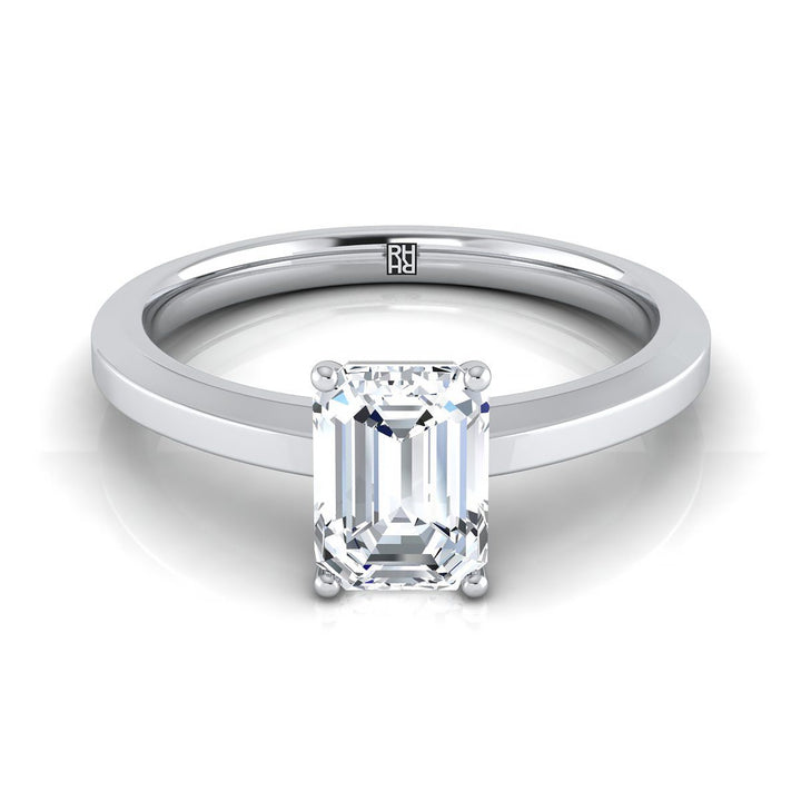 European Cut, Beveled Edge Comfort Fit Solitaire Emerald, in 18K White Gold, prong setting | RockHer