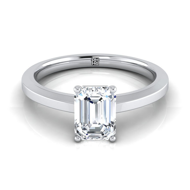 The Carmen Beveled Edge Comfort Fit Solitaire Emerald Cut Engagement Ring Setting in 18K White Gold