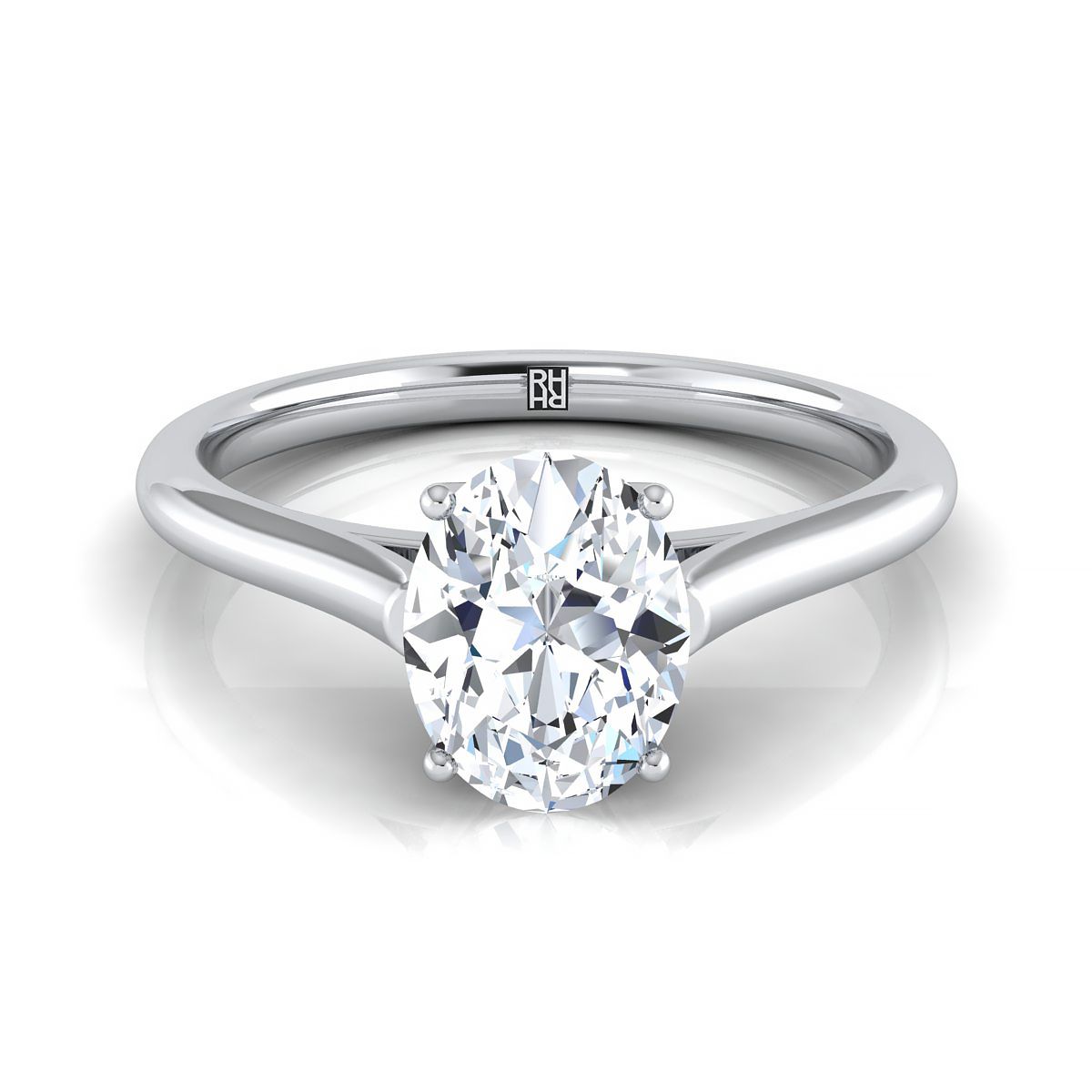 18K White Gold Oval Cathedral Style Comfort Fit Solitaire