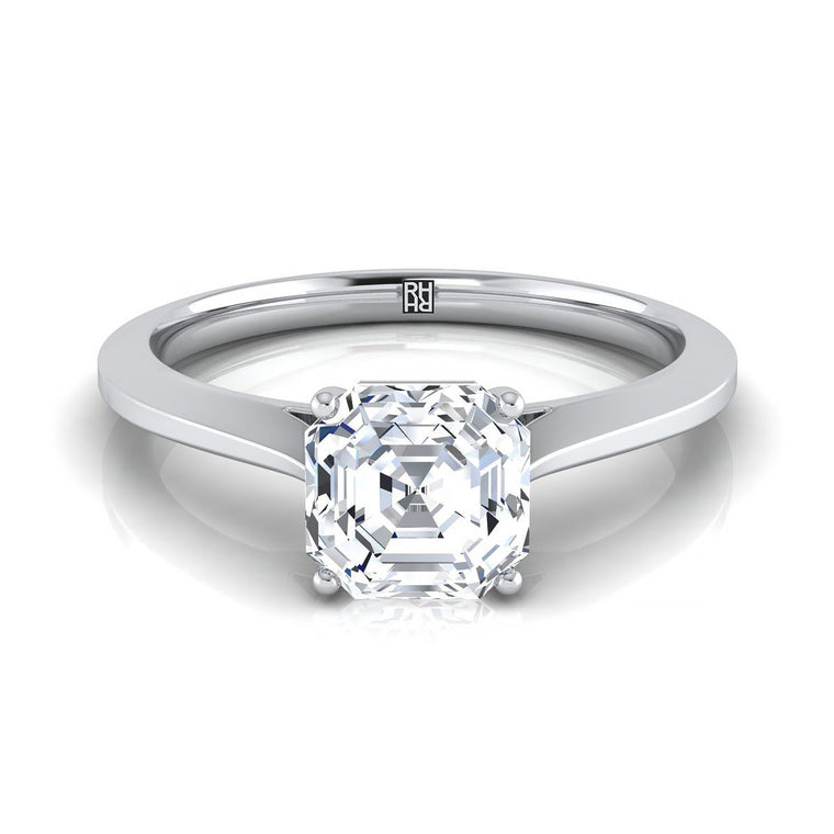 The Elena Timeless Graduated Beveled Shank Solitaire Asscher Cut Engagement Ring Setting in Platinum