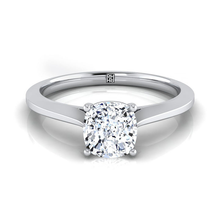 Timeless Graduated Beveled Shank Solitaire Cushion, in 18K White Gold, prong setting | RockHer
