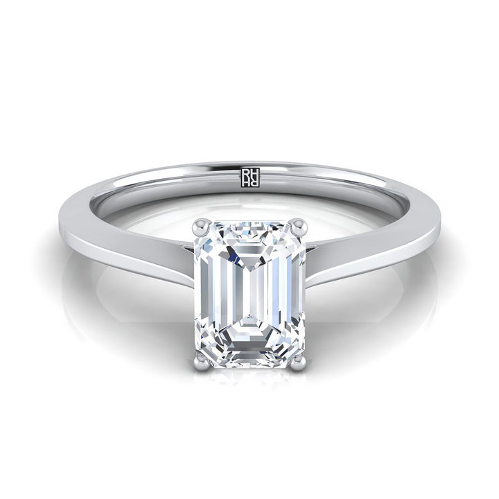 European Cut, Timeless Graduated Beveled Shank Solitaire Emerald, in Platinum, prong setting | RockHer