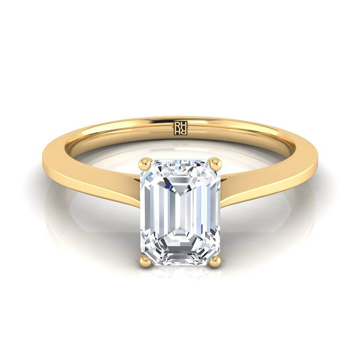 European Cut, Timeless Graduated Beveled Shank Solitaire Emerald, in 18K Yellow Gold, prong setting | RockHer