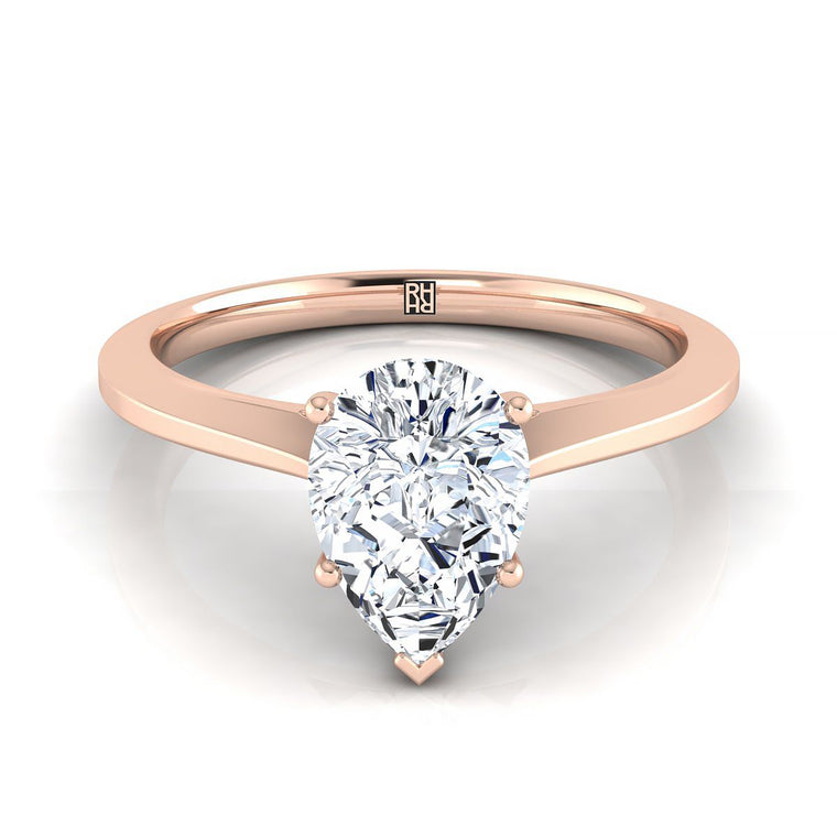 The Elena Timeless Graduated Beveled Shank Solitaire Pear Engagement Ring Setting in 14K Rose Gold