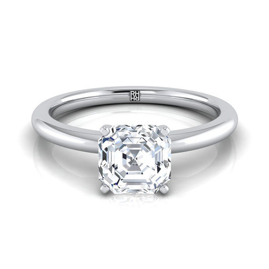 14K White Gold Asscher Cut  Round Comfort Fit Claw Prong Solitaire Engagement Ring