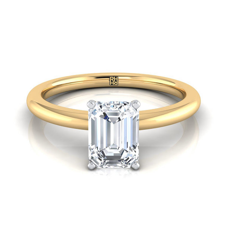 The Floria Comfort Fit Claw Prong Solitaire Emerald Cut Engagement Ring Setting in 18K Yellow Gold