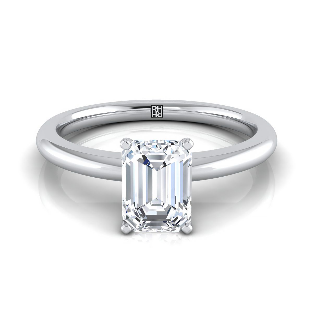 14K White Gold Emerald Cut Round Comfort Fit Claw Prong Solitaire